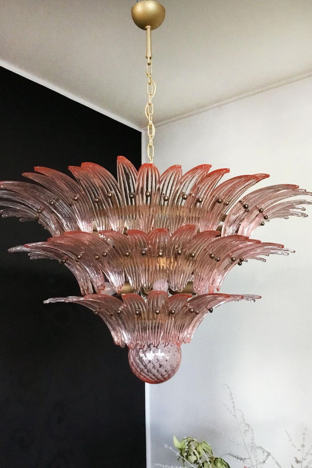 Art Vintage Palm Pink Triple Glass Chandelier