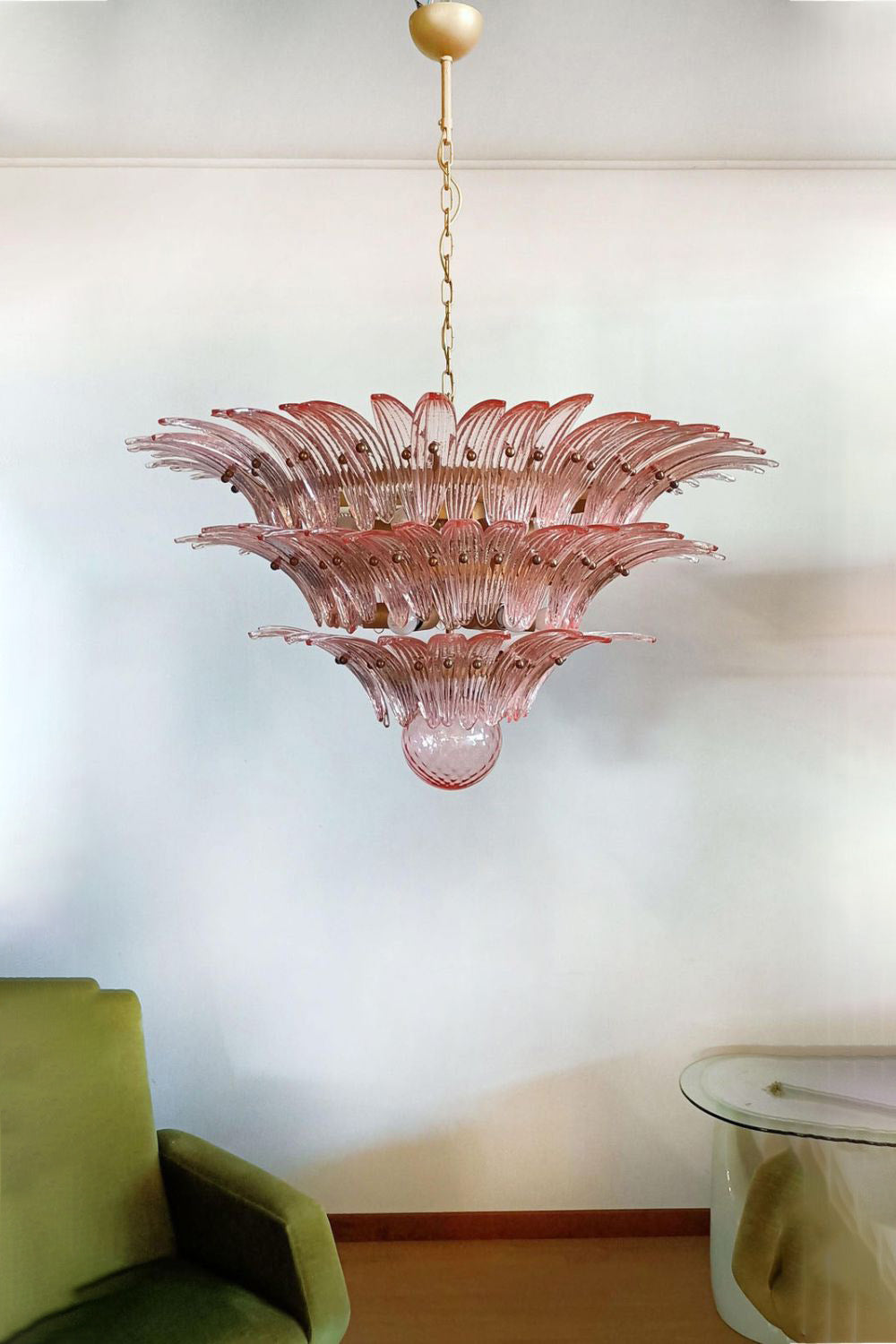 Art Vintage Palm Pink Triple Glass Chandelier