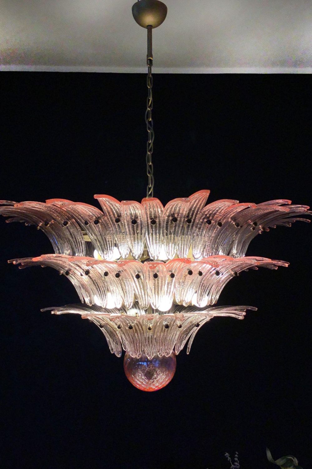 Art Vintage Palm Pink Triple Glass Chandelier