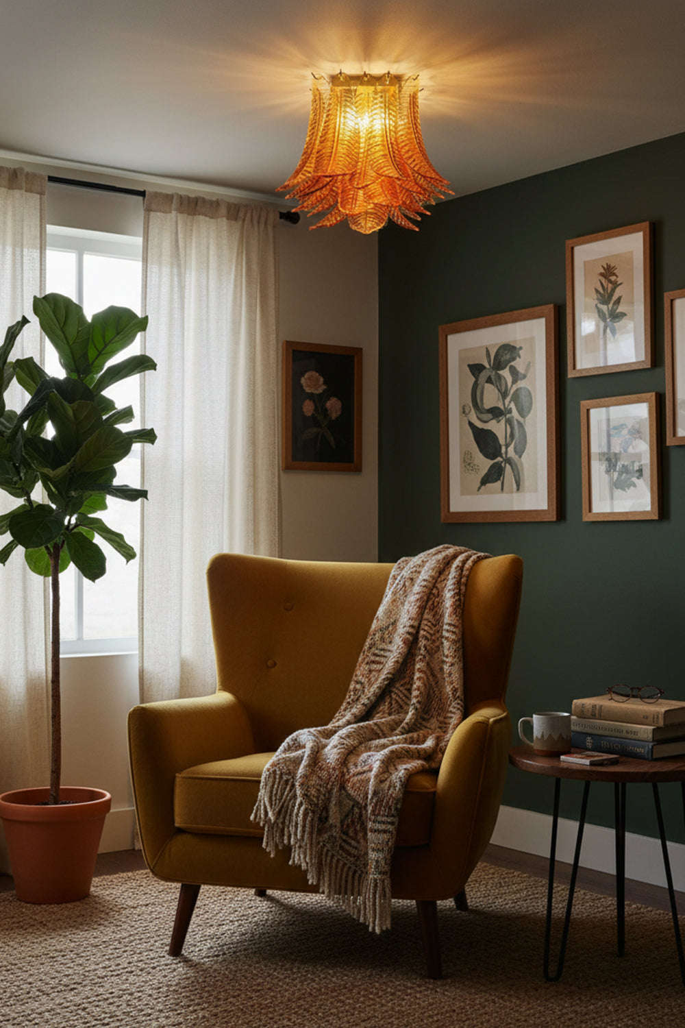 Amber Fern-Leaf Art Glass Ceiling Light