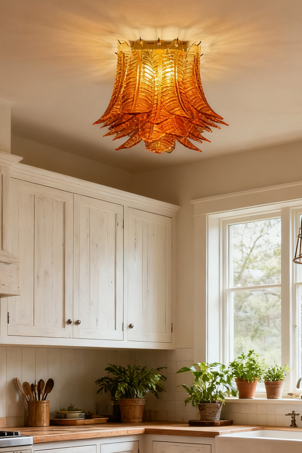Amber Fern-Leaf Art Glass Ceiling Light