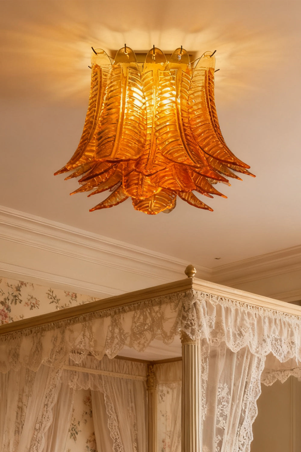 Amber Fern-Leaf Art Glass Ceiling Light