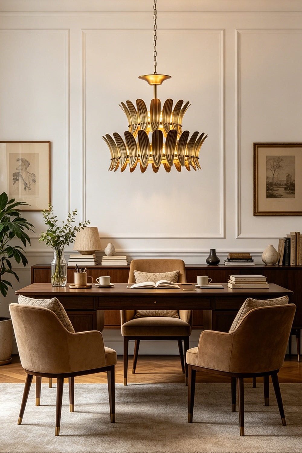 Brass Feather Tiered Chandelier