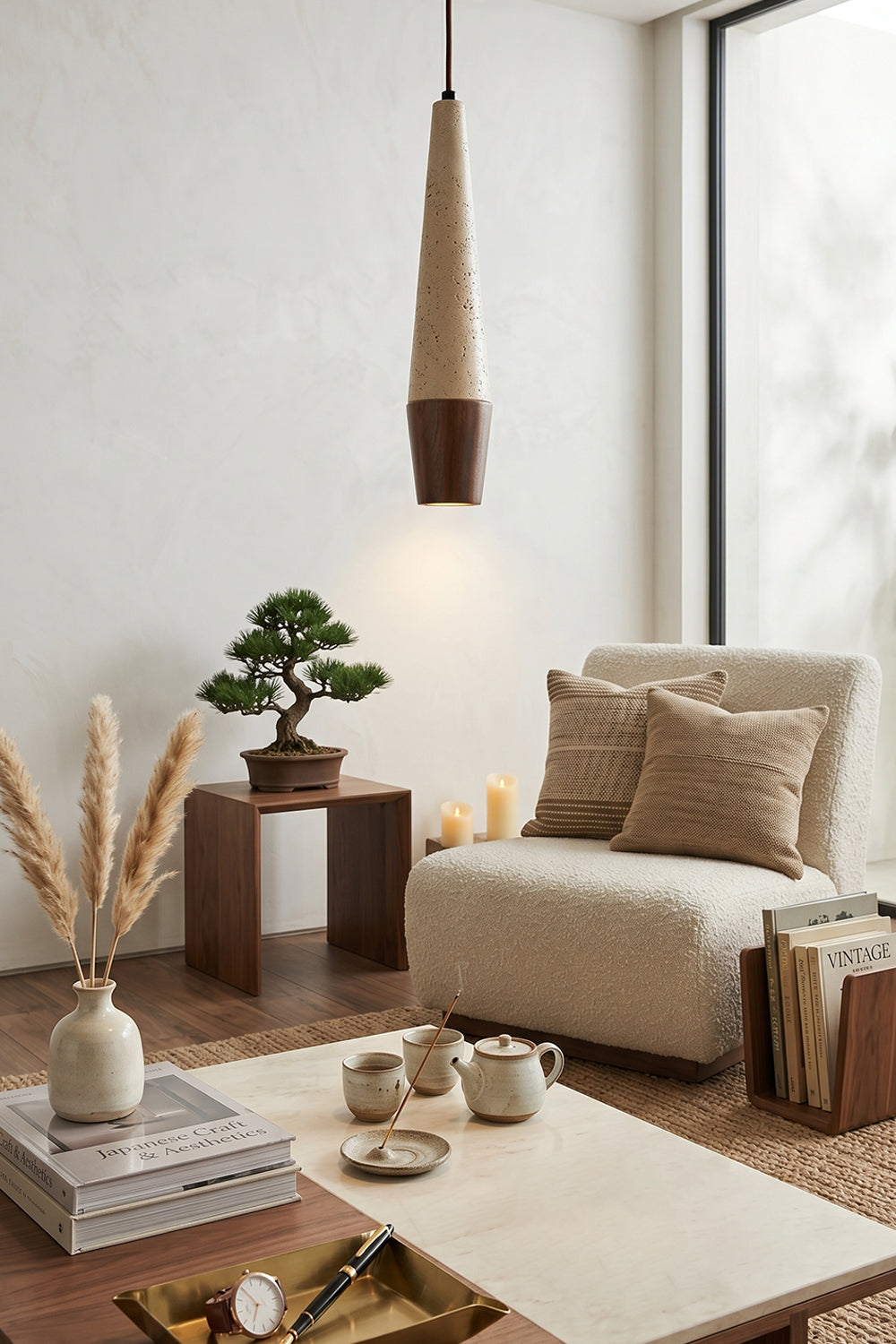 Conical Tiber Travertine Pendant Light