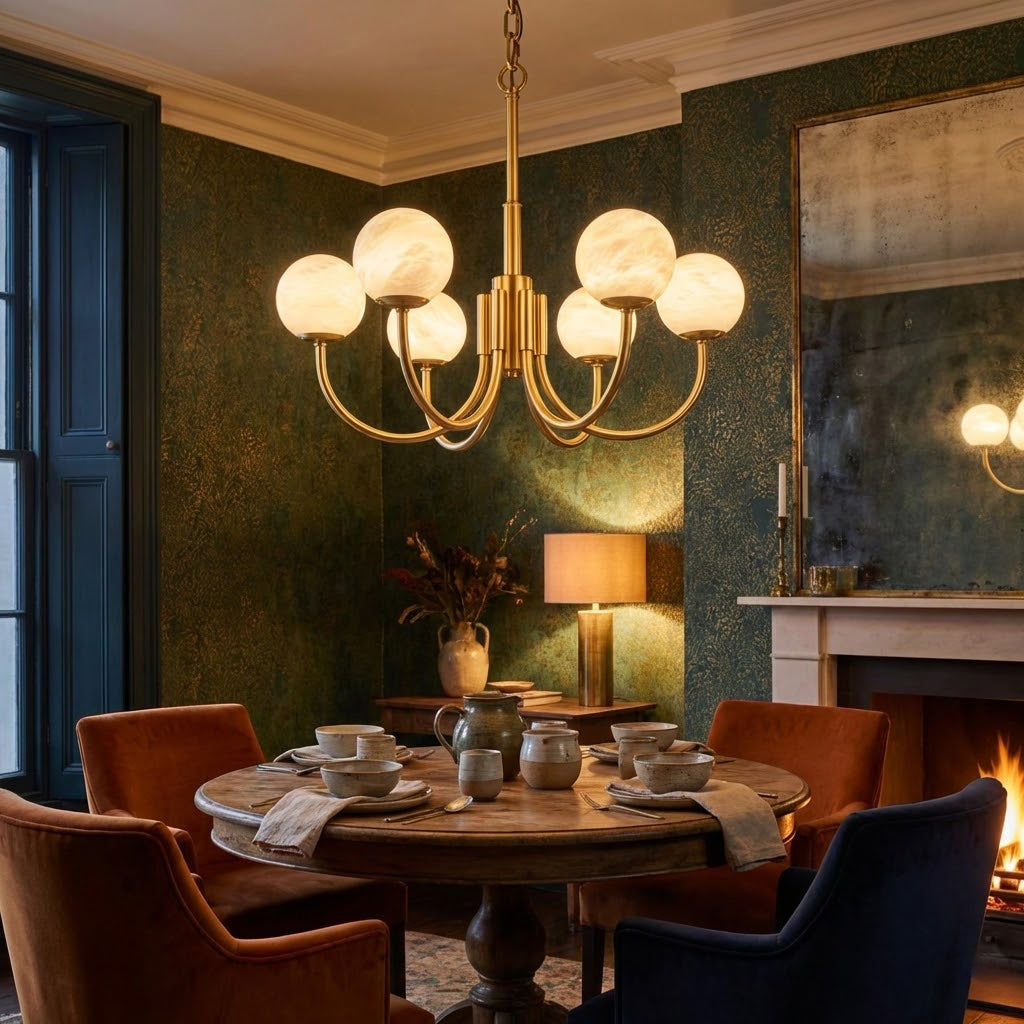 Modern Brass Chandelier with Alabaster Glob