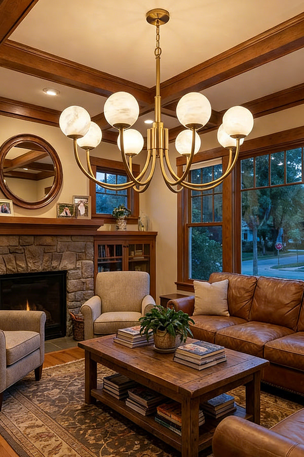 Modern Brass Chandelier with Alabaster Glob