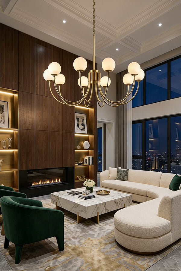 Modern Brass Chandelier with Alabaster Glob