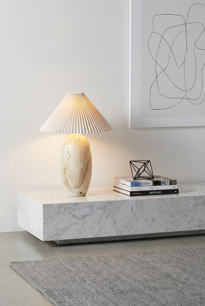 Travertine Table Lamp with Pleated Shade