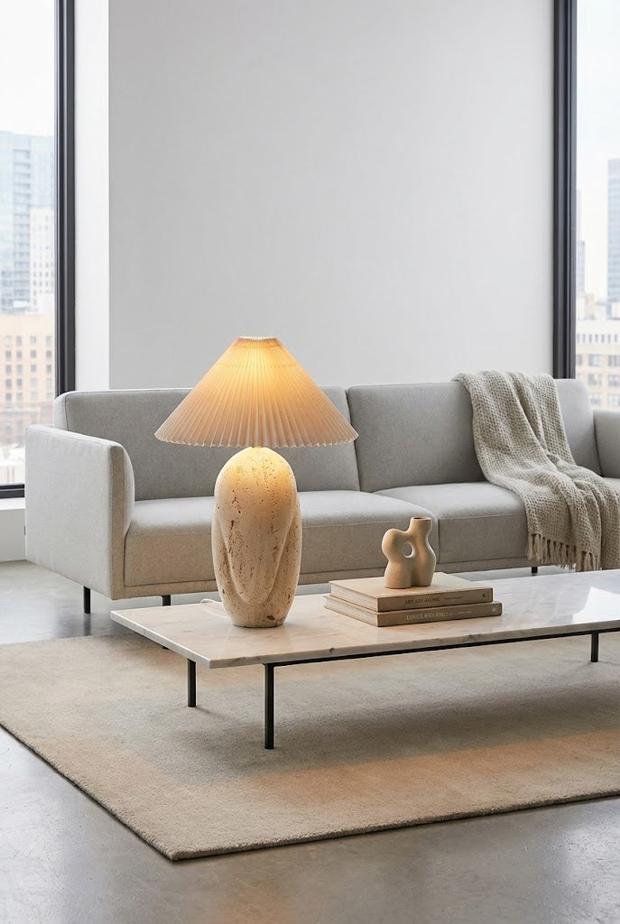 Travertine Table Lamp with Pleated Shade