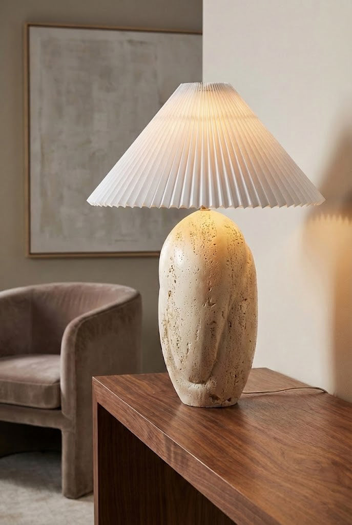 Travertine Table Lamp with Pleated Shade