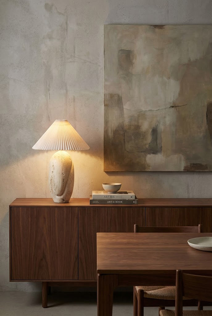 Travertine Table Lamp with Pleated Shade
