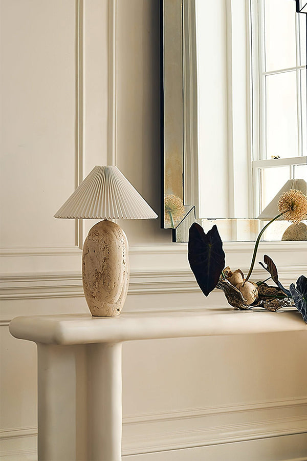 Travertine Table Lamp with Pleated Shade