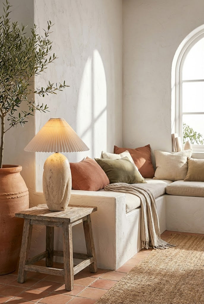 Travertine Table Lamp with Pleated Shade