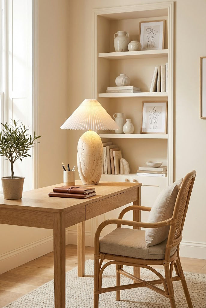 Travertine Table Lamp with Pleated Shade
