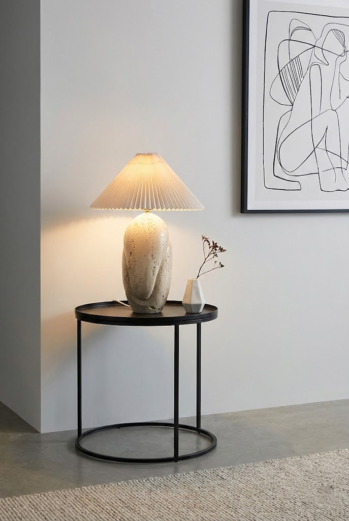 Travertine Table Lamp with Pleated Shade