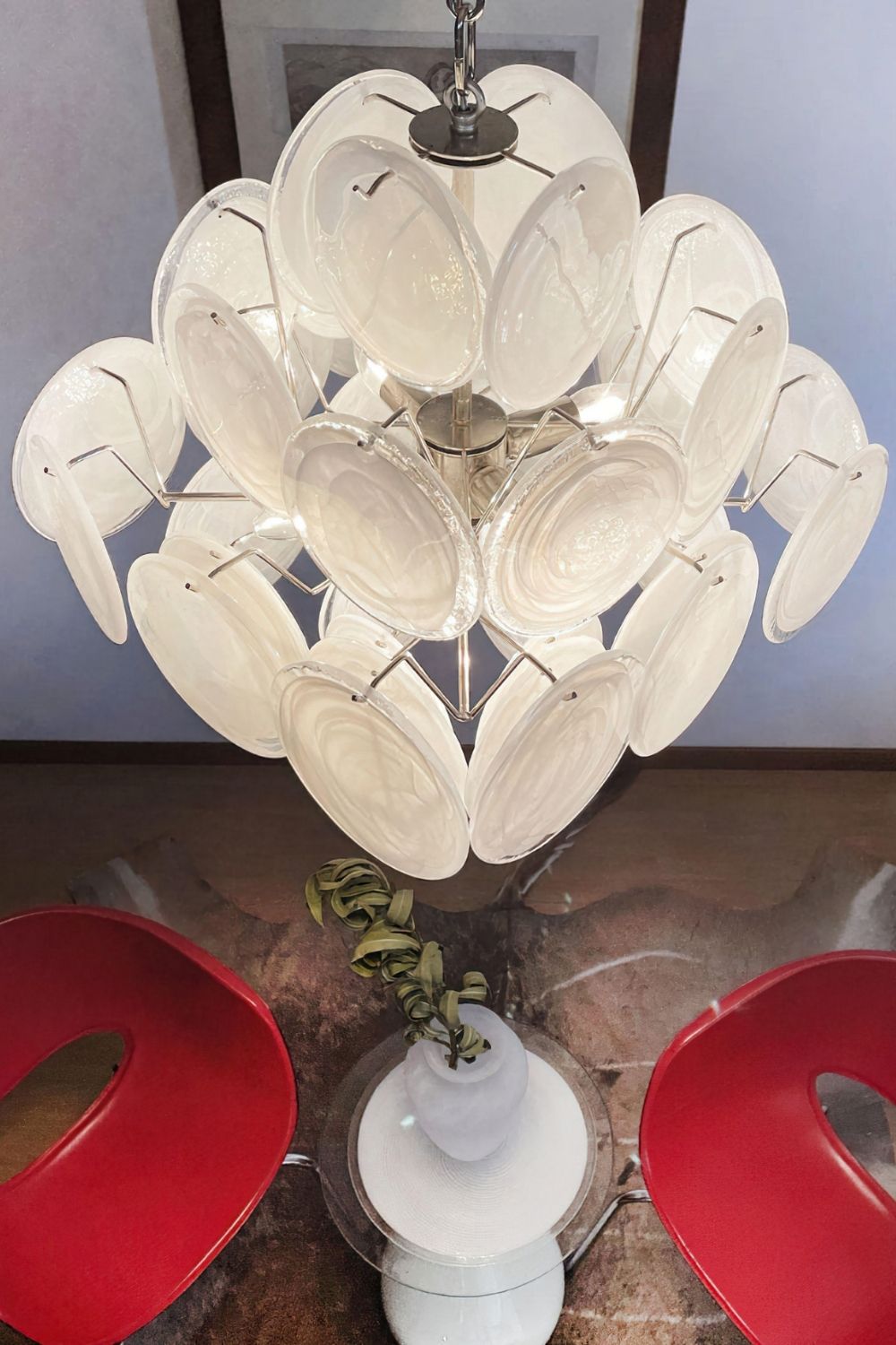 Vintage Art White Glass Disks Chandelier