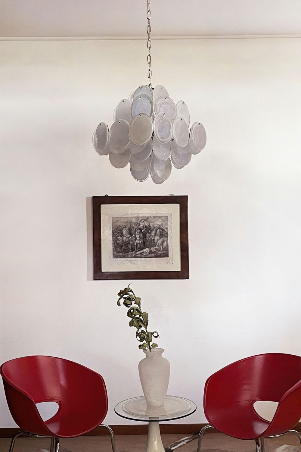 Vintage Art White Glass Disks Chandelier