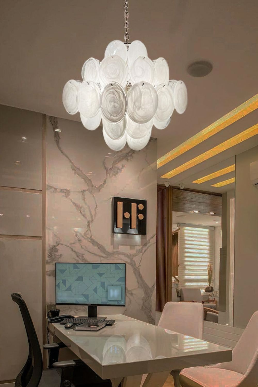 Vintage Art White Glass Disks Chandelier