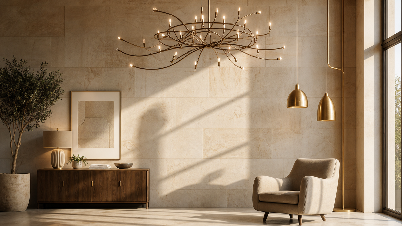 Warm modern living room with sculptural chandeliers and brass pendant lighting